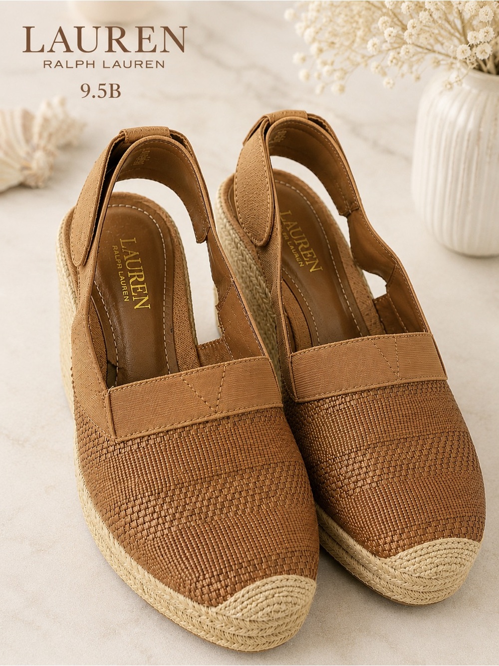 Lauren Ralph Lauren Helma Camel Espadrille Wedge Slingbacks 9.5B